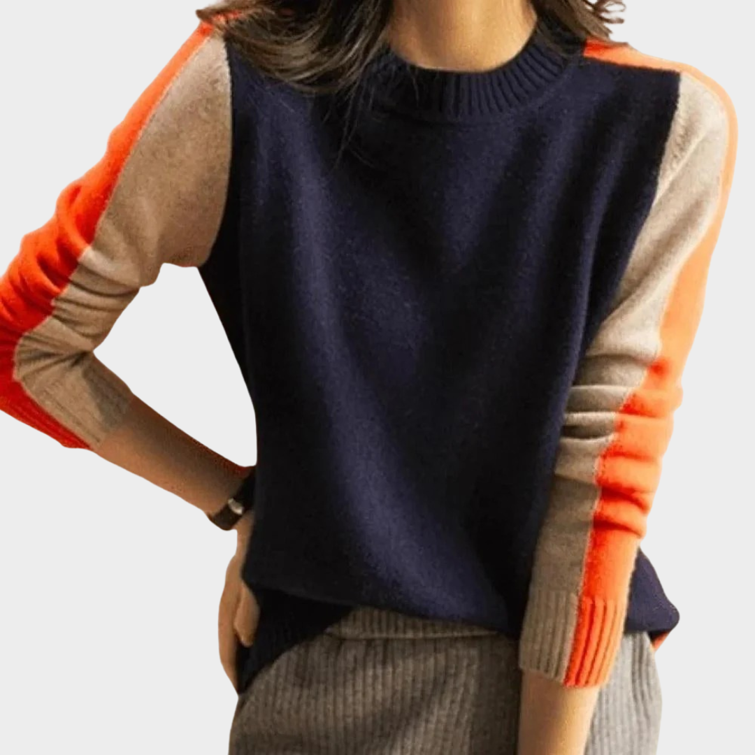 Women Knitted Sweater – Vintage Inspired O Neck Pullover – Loose Casual Fit – Soft Wool Blend Spliced Knitwear – Blue