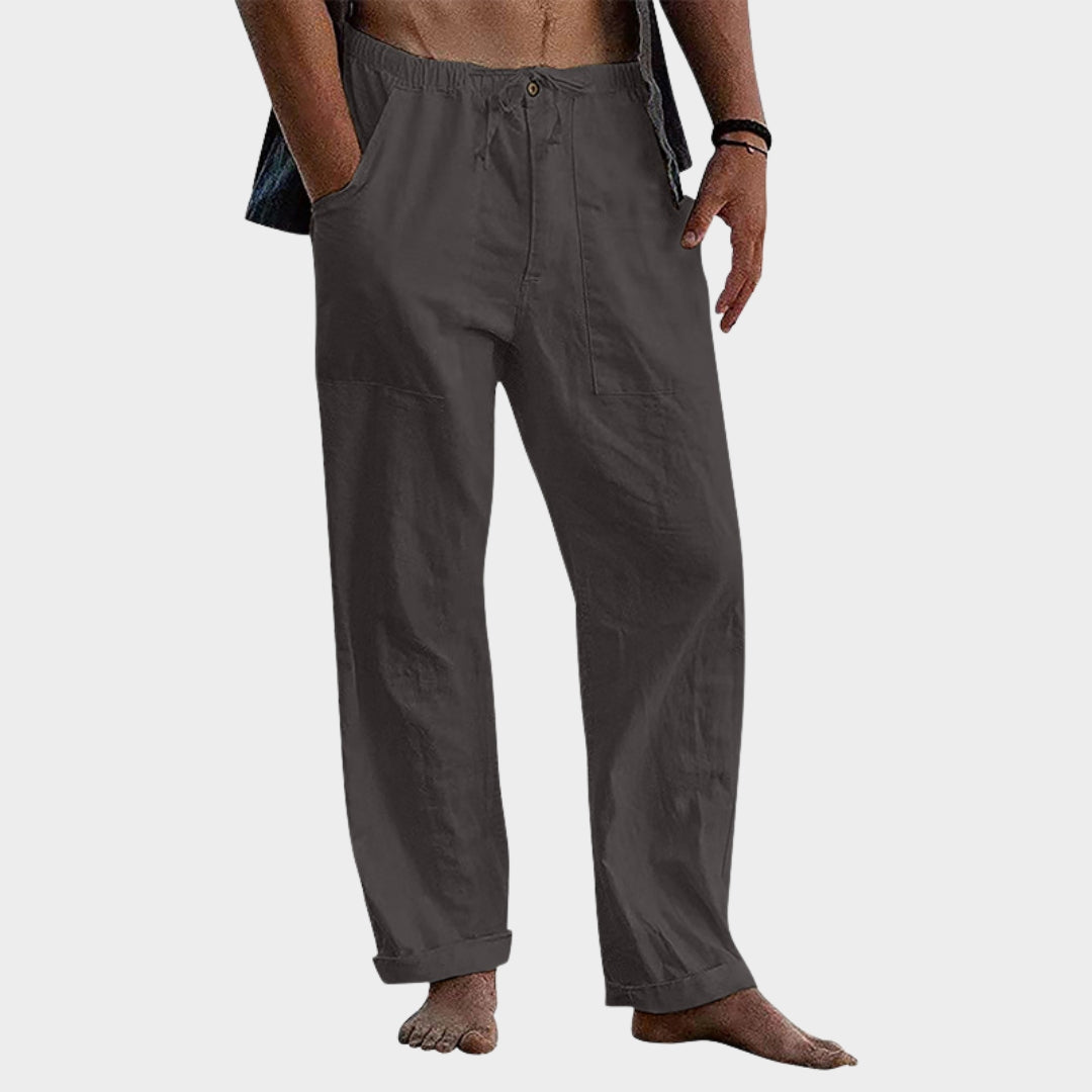 Men's Cotton Linen Trousers - Relaxed Fit - Elastic Waist with Drawstring - Breathable Beach & Lounge Pants