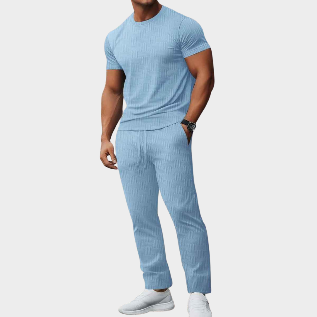 Men's Co-Ord Set – Striped Jacquard Round Neck Short Sleeve T-Shirt with Solid Colour Loose Long Pants – Multiple Colours