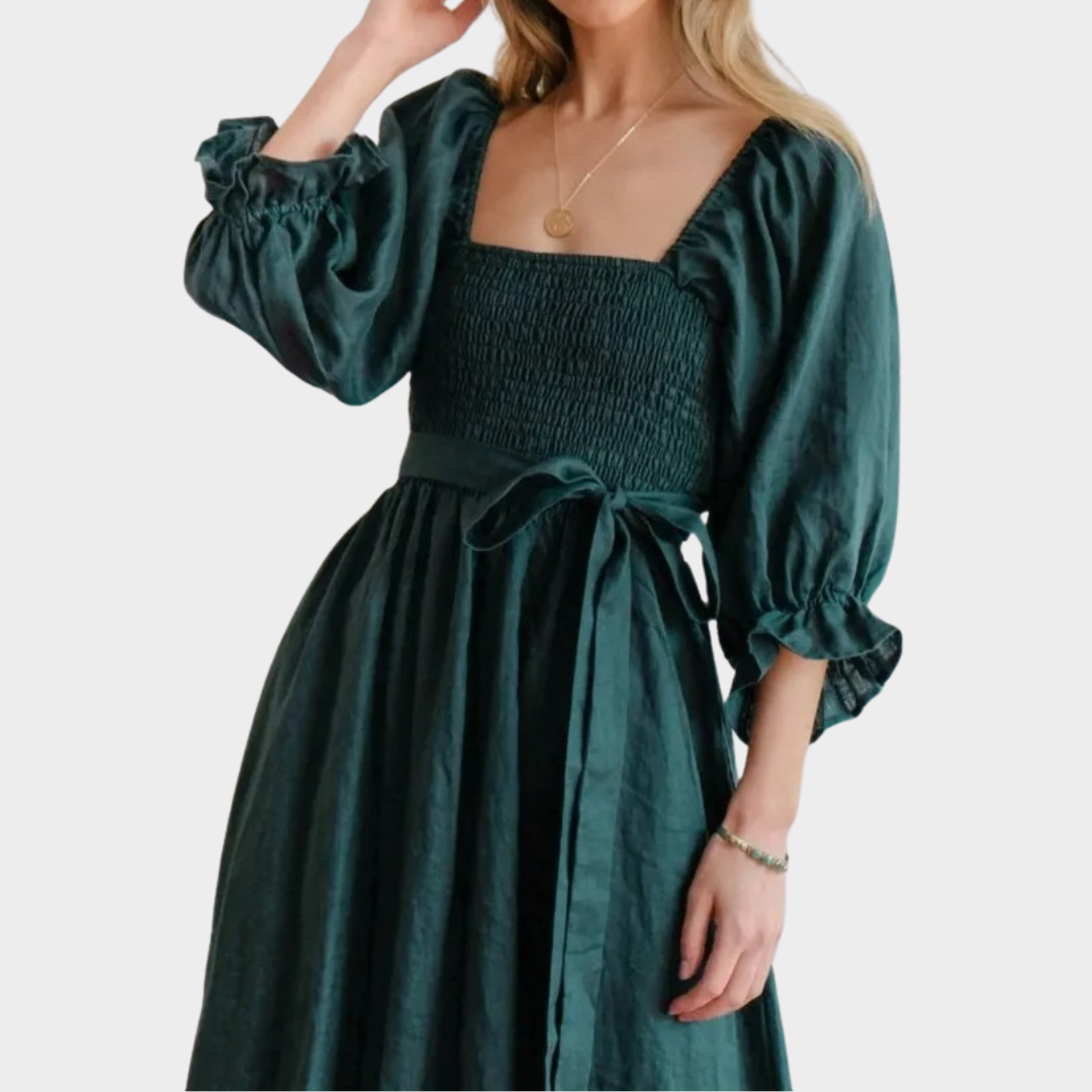 Women's A-Line Lantern Sleeve Dress – Square Neck – Tie Cord Waist – Ruffle Detail – Multiple Colours