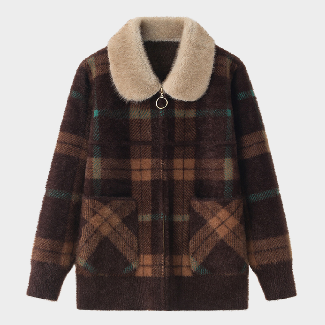 Women’s Woolen Jacket – Faux Mink Fur Collar - Zipper Cardigan - Brown / Red