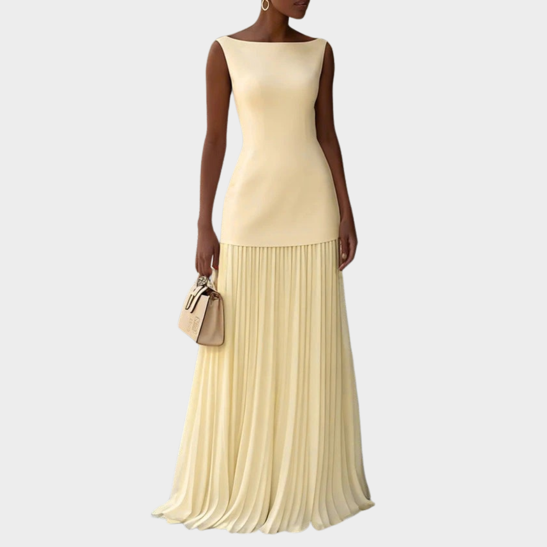 Women Pleated Maxi Dress – Elegant Sleeveless Bodice with Flowing Long Skirt – Slim Fit – Lightweight Fabric – Cocktail Evening and Wedding Guest Outfit – Multiple Colours