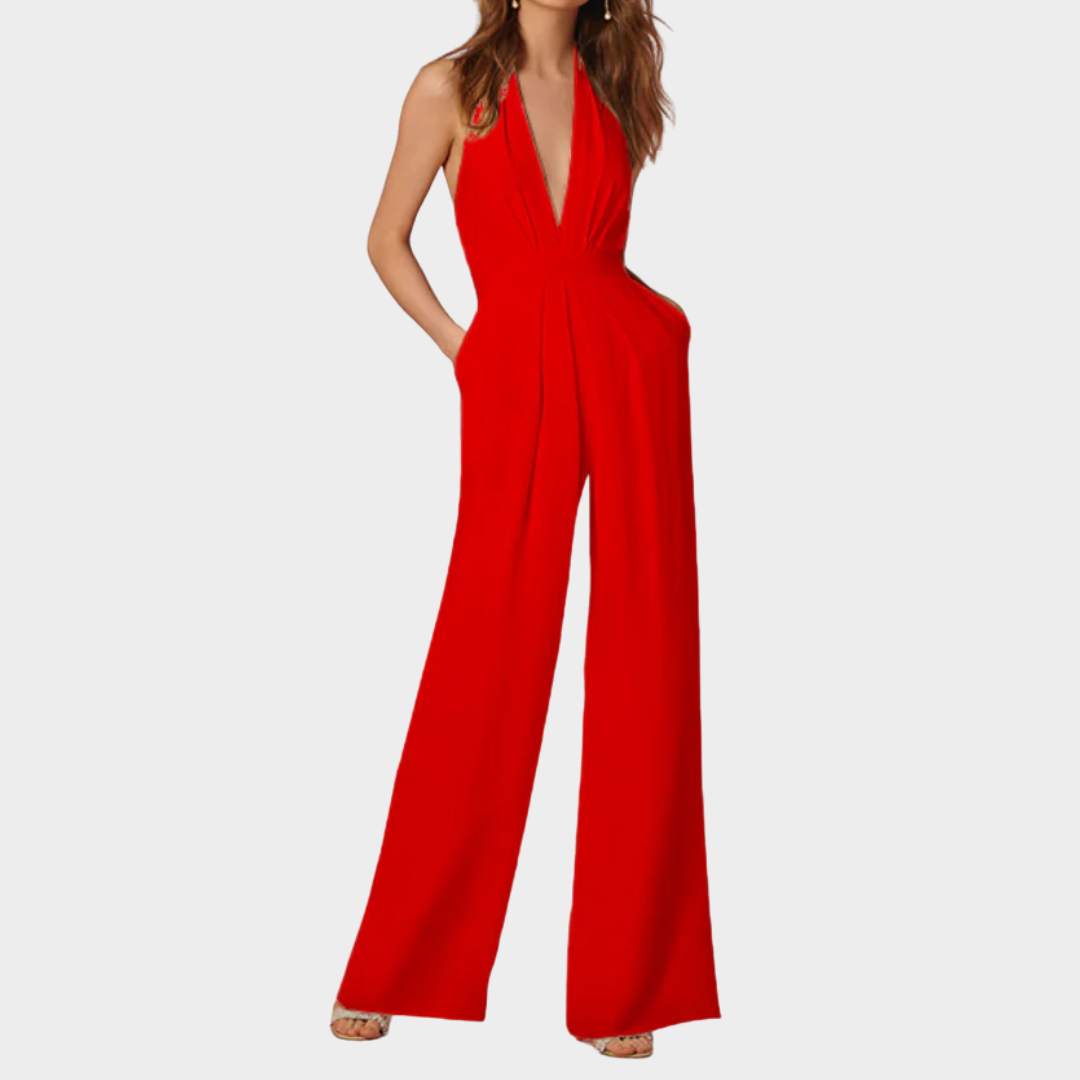 Women’s Halterneck Jumpsuit – Sleeveless Wide-Leg Fit with V-Neck & Pockets – Lightweight Polyester Blend – Multiple Colours