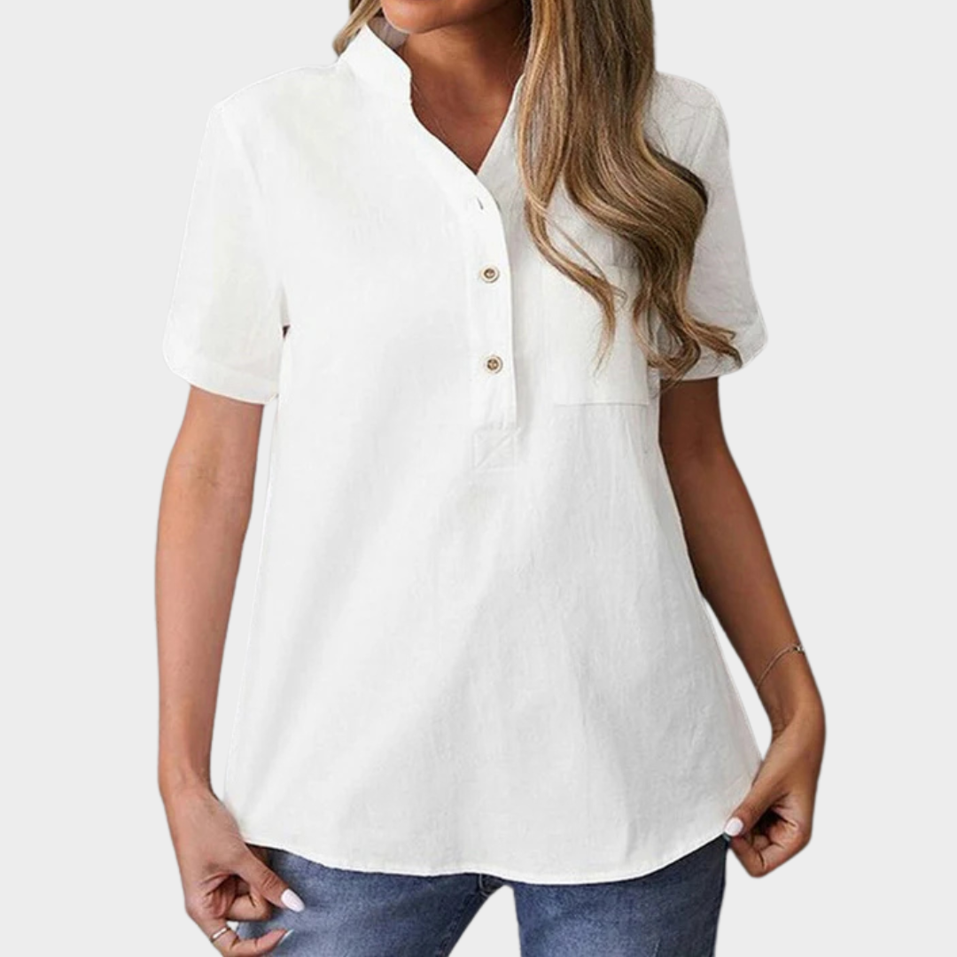 Women's Casual Blouse – Short Sleeve Stand Collar Button Top – Cotton-Polyester Blend – White