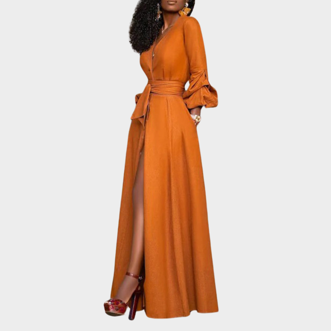 Women's Evening Dress - Long Sleeve - Deep V-Neck - Floor-Length - Elegant Fit - Orange