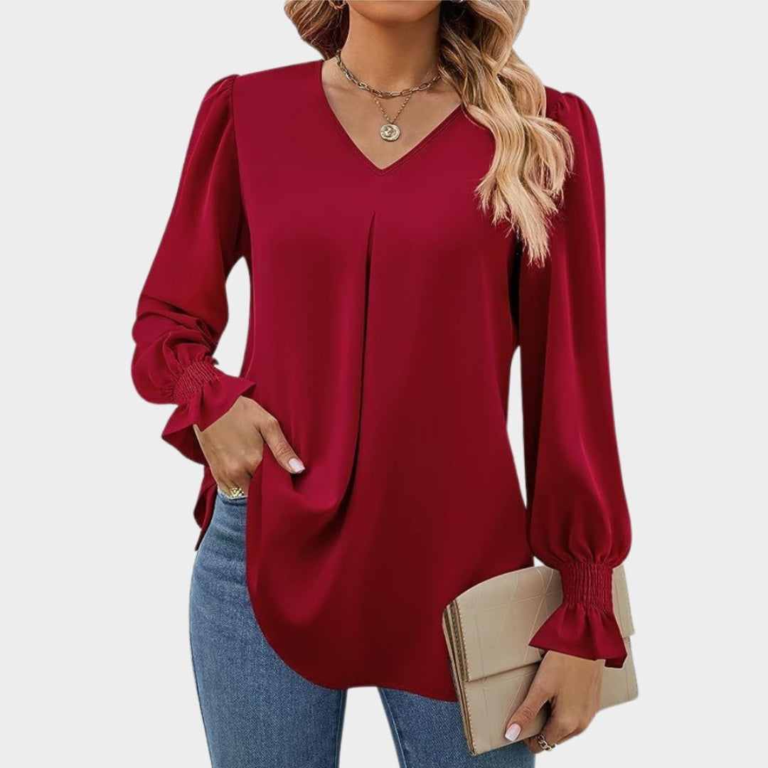 Women’s Chiffon V-Neck Blouse - Long Flared Sleeve Shirt, Loose Fit, Elegant Office Top