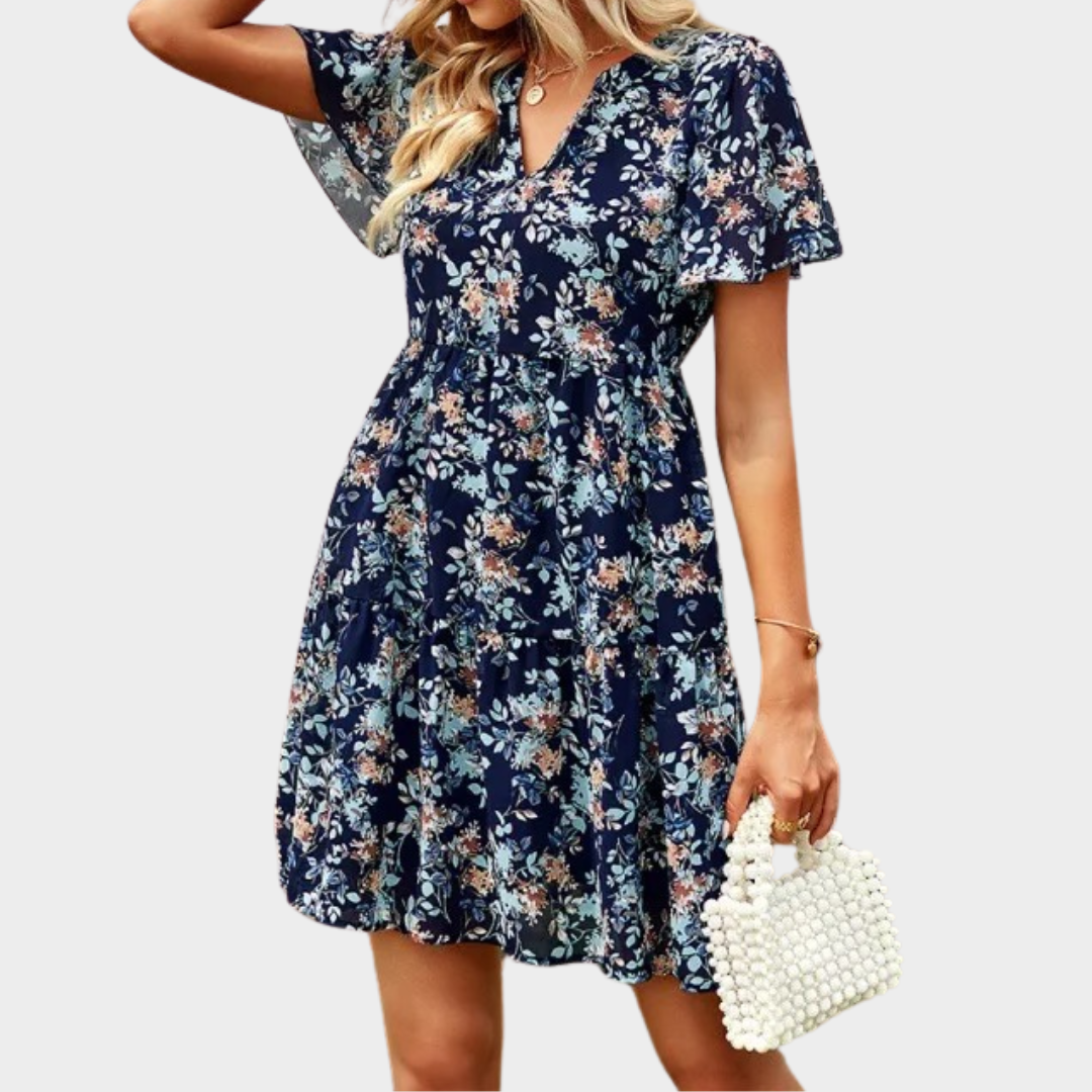 Women's V-Neck Floral Mini Dress – Short Sleeve – Chiffon Girding Fit – Lightweight Print – Multiple Colours