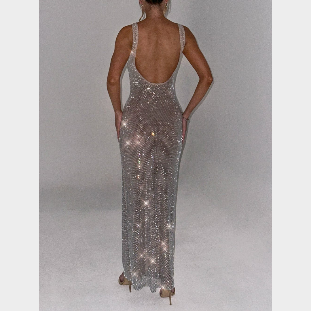 Women Petra Maxi Dress – Elegant Evening Long Dress with Rhinestone Embellished Stretch Net and Square Neckline – Multiple Colours