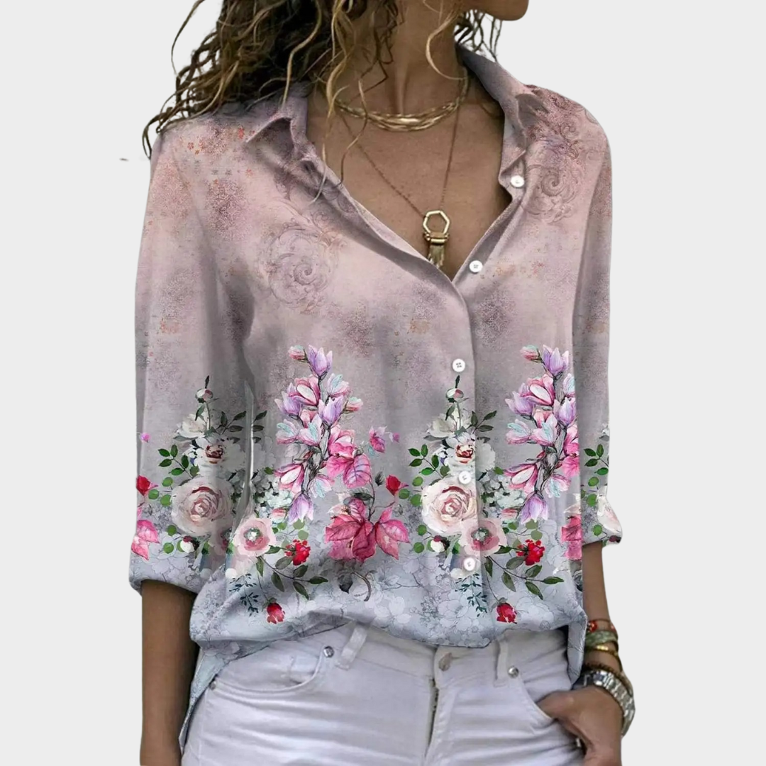 Women’s Floral Print Long Sleeve Shirt – Loose Fit Lightweight Button-Up Casual Blouse – Soft Collar Top – Multiple Colours