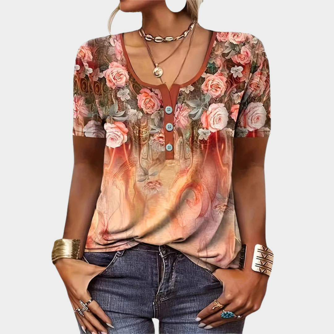 Women's Short Sleeve Blouse – Loose Fit Ethnic Button Style with 3D Floral Print – Multiple Colours