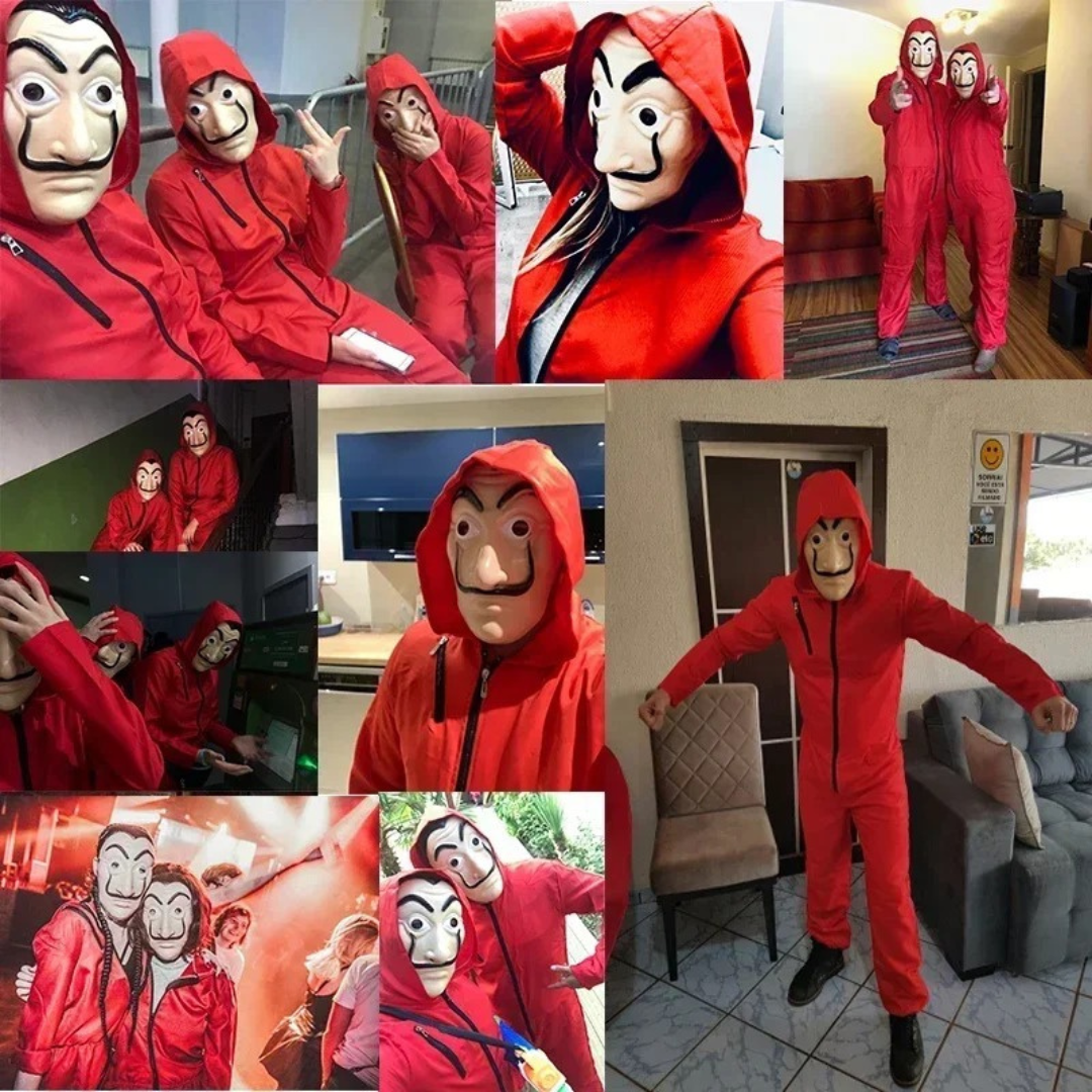 Salvador Dali Halloween Costume – Unisex Cosplay Outfit with Red Jumpsuit and Mask Options – Adult & Kids Party Costume – Red