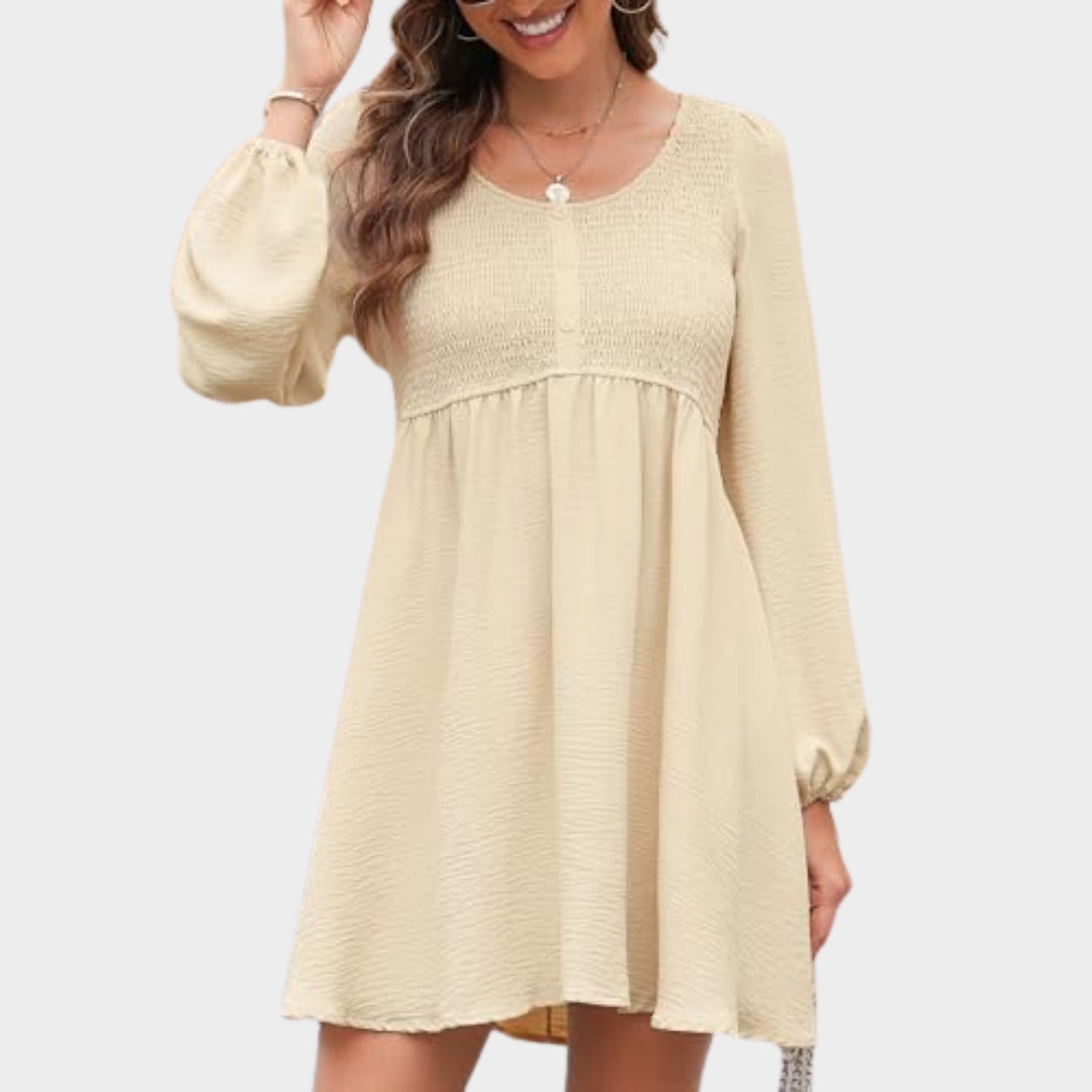 Women's Smocked A-Line Mini Dress - Crewneck - Button Up - Long Sleeve - Casual & Comfortable - Beige