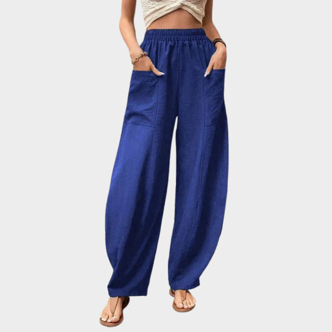 Women’s High Waist Wide Leg Trousers – Elastic Waist with Pockets – Vintage Solid Colour – Comfortable Fit – Multiple Colours