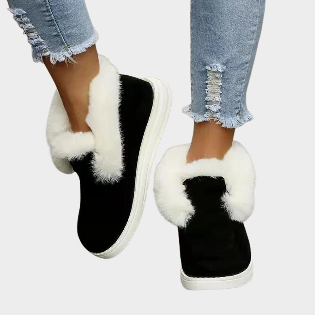 Women’s Slip-On Ankle Boots - Winter Warm Plush Fur Snow Boots, Suede Footwear, Grey, Black, Brown