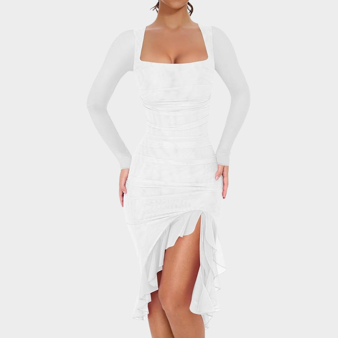 Women's Ruched Bodycon Dress - Long Sleeve - Square Neck - Ruffle Hem - Elegant Cocktail Party Dress - Multiple Colours