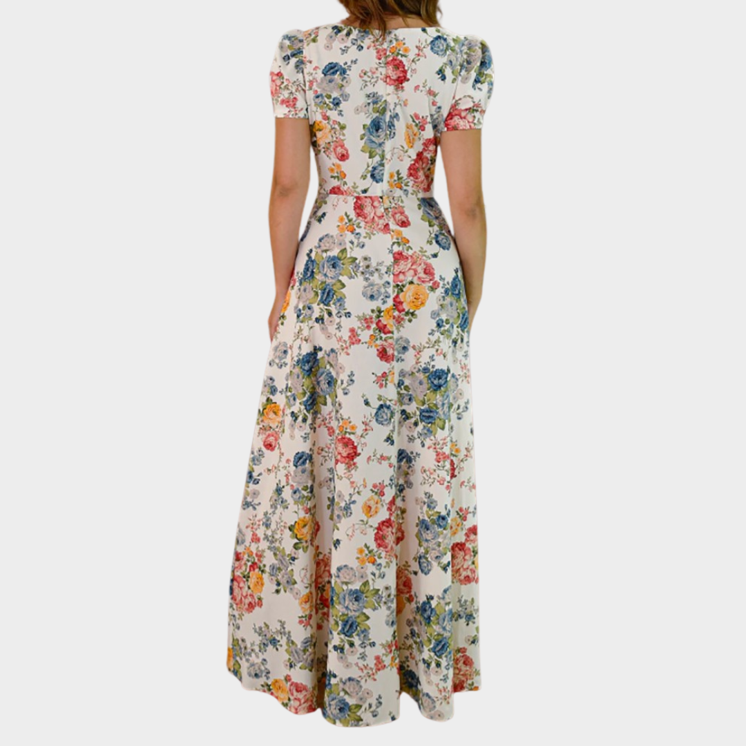 Women's Bohemian Maxi Dress – V-Neck Flowy A-Line Dress – Puff Short Sleeves – Soft Fabric – Flowers