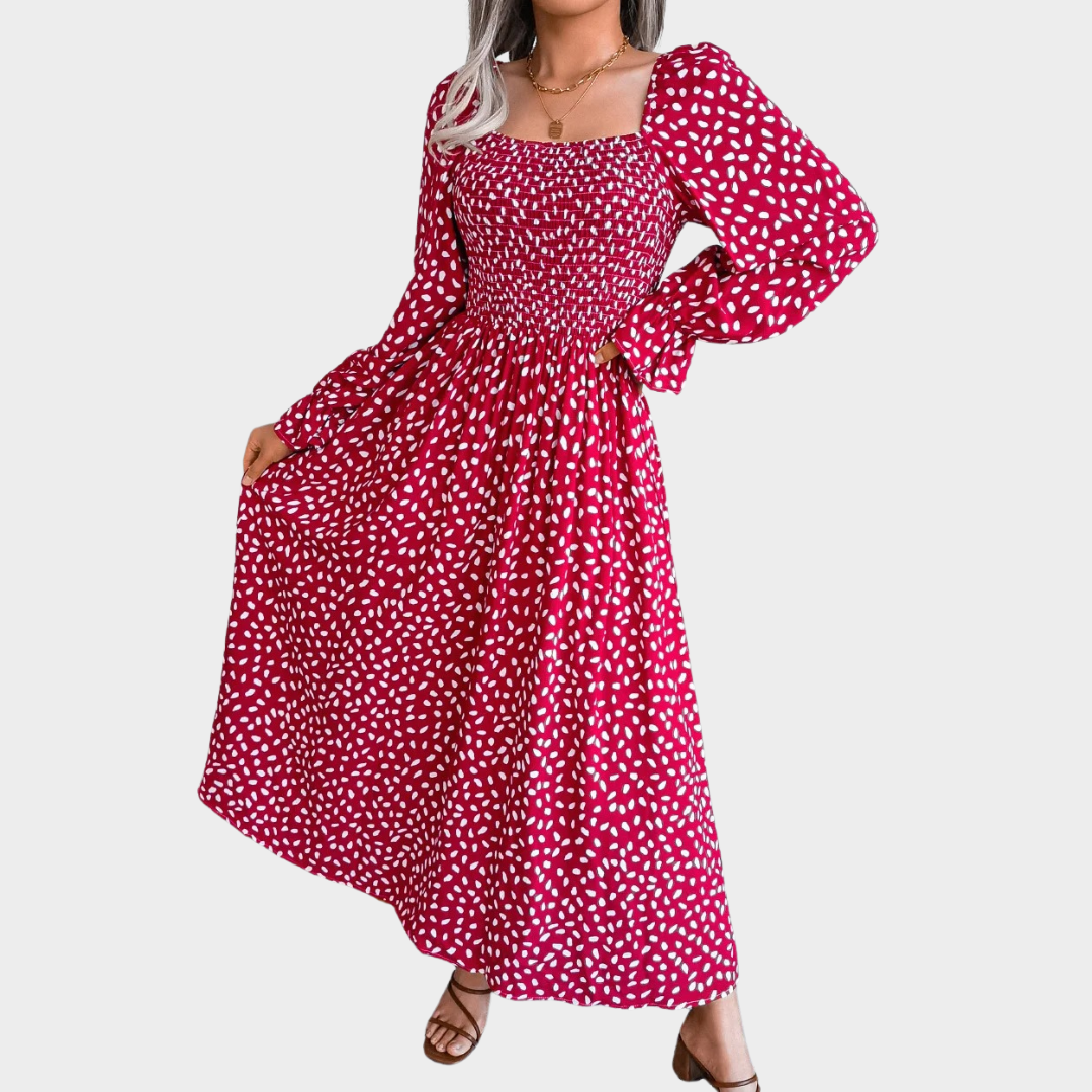 Women’s Cotton Long Sleeve Dress – Square Neck with Trumpet Sleeves and Pleated Skirt – Relaxed Fit Lightweight Holiday Style – Multiple Colours
