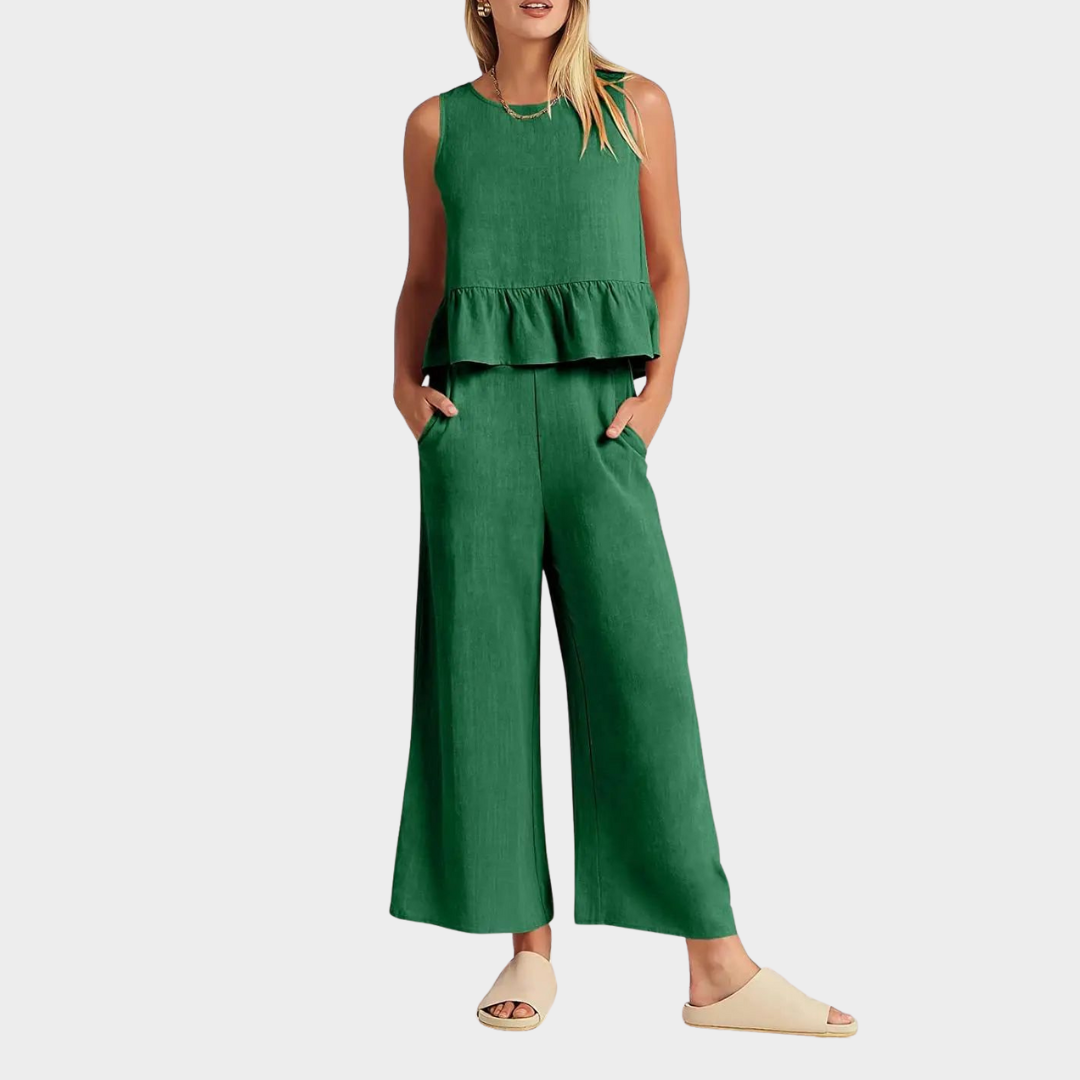 Women's Two-Piece Trouser Set - Sleeveless O-Neck Top & Pleated Wide-Leg Pants - Casual Loose Fit - Multiple Colours