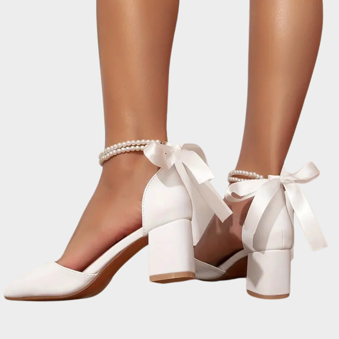 Women's High Heels – Elegant Design – Faux Leather – Faux Pearl Ankle Strap – White – Comfortable Fit