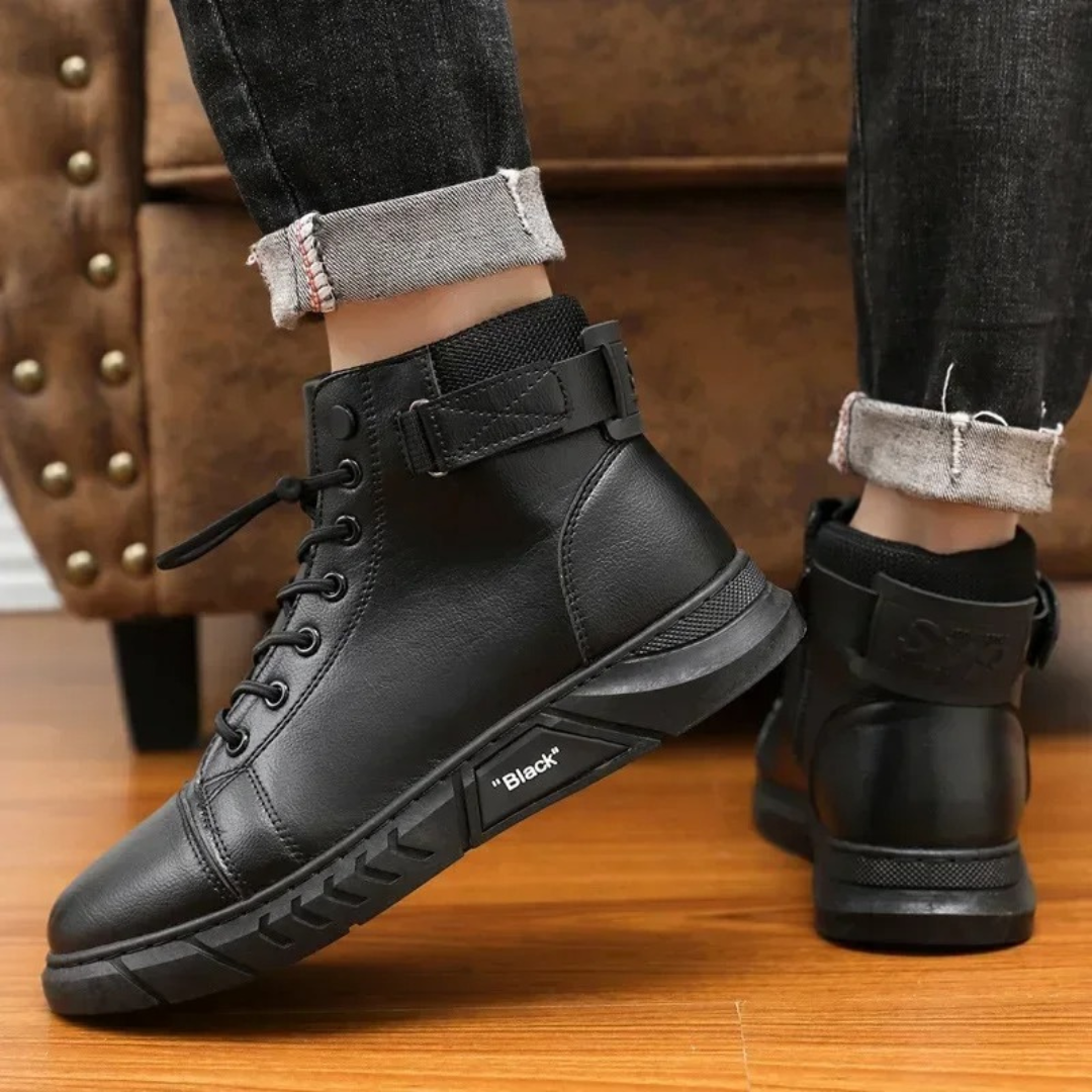 Men's Casual Leather Boots – British Style High Top Work Safety Boots with Thick Soft Sole – Black