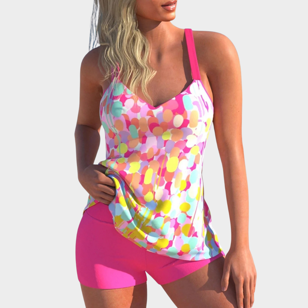 Women 2 Piece Tankini Swim Set – Floral Skirted Style with Boyshorts – Supportive Fit – Stretch Fabric – Multiple Colours