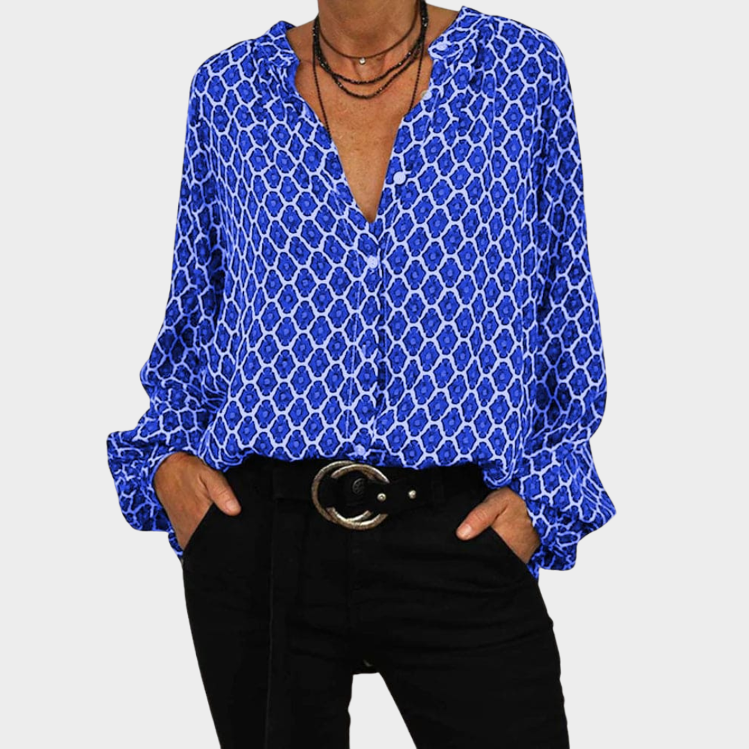 Women's V-Neck Blouse – Long Sleeve – Geometric Print – Loose Fit – Office & Casual Wear – Multiple Colours