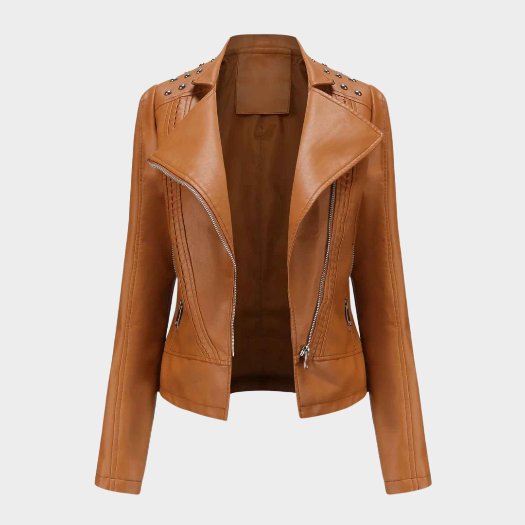 Women's Leather Jacket – Punk Rivet Moto Biker Style with Slim Fit and Turndown Collar – Multiple Colours