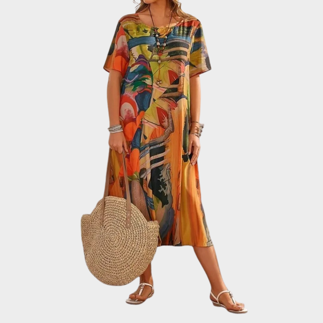 Women’s Loose Fit Midi Dress – Art Print – Round Neck – Short Sleeve – Lightweight Fabric – Multiple Colours