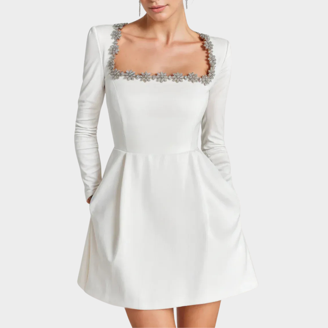 Women Short Dress – Velvet Mini with Square Collar and Diamond Embellishment – Long Sleeves – Flared Skirt – Elegant Party Wear – Multiple Colours