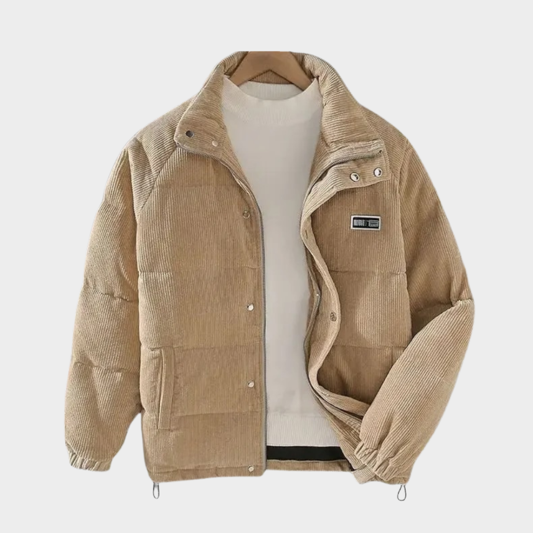 Men's Corduroy Padded Jacket - Warm Insulated Coat - Letter Patch Design - Multiple Colours
