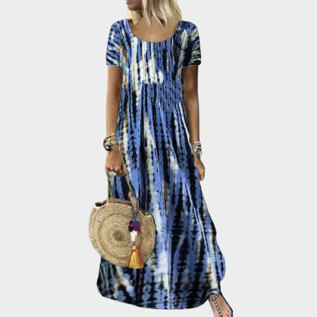 Women Tie Dye Long Dress – Short Sleeve – Casual Fit – Round Neck – Soft Blend – Multiple Colours