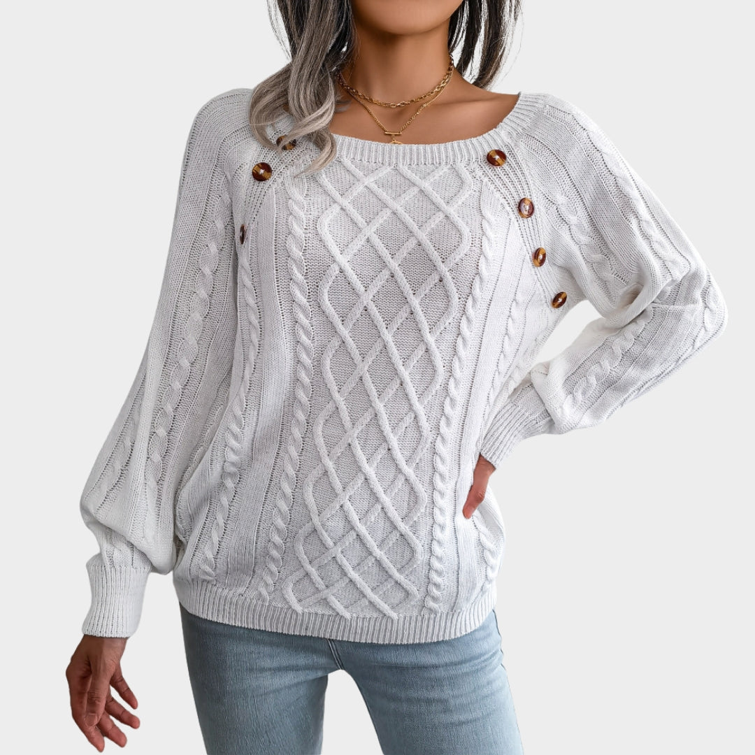 Women’s Cable Knit Sweater – Square Neck, Button Detail, Ribbed, Long Sleeve, Solid Color Pullover