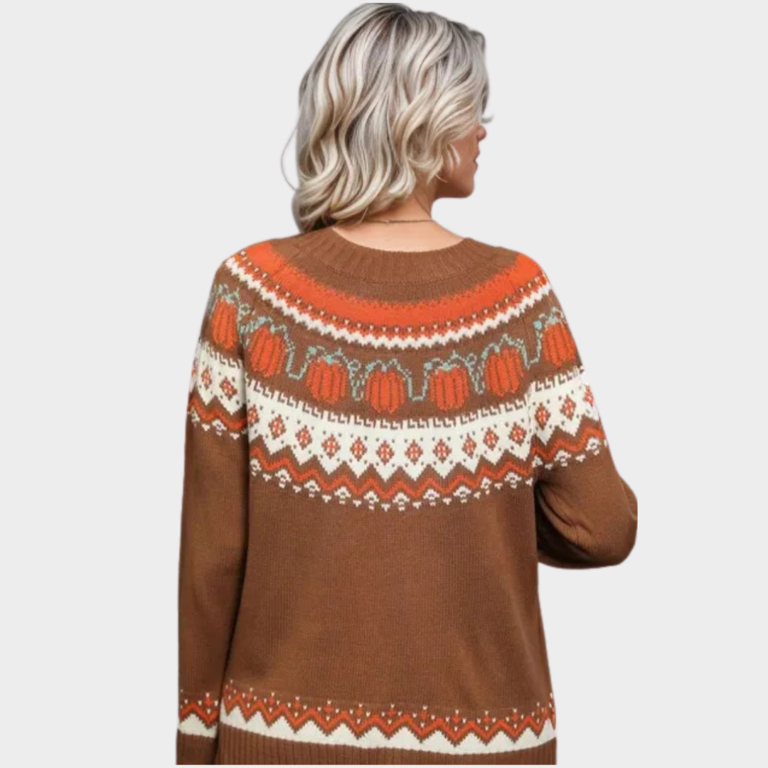 Women's Vintage Knitted Winter Sweater – Geometric Jacquard Pattern, Cozy Holiday Look in Beige, Navy Blue, and More