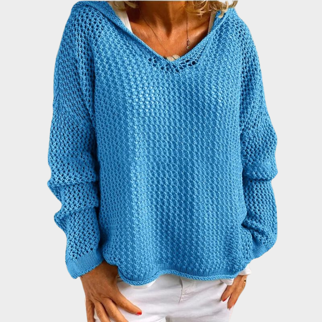 Women's V-Neck Hooded Pullover Sweater – Hollow Out Design – Long Sleeve – Lightweight & Comfortable – Multiple Colours