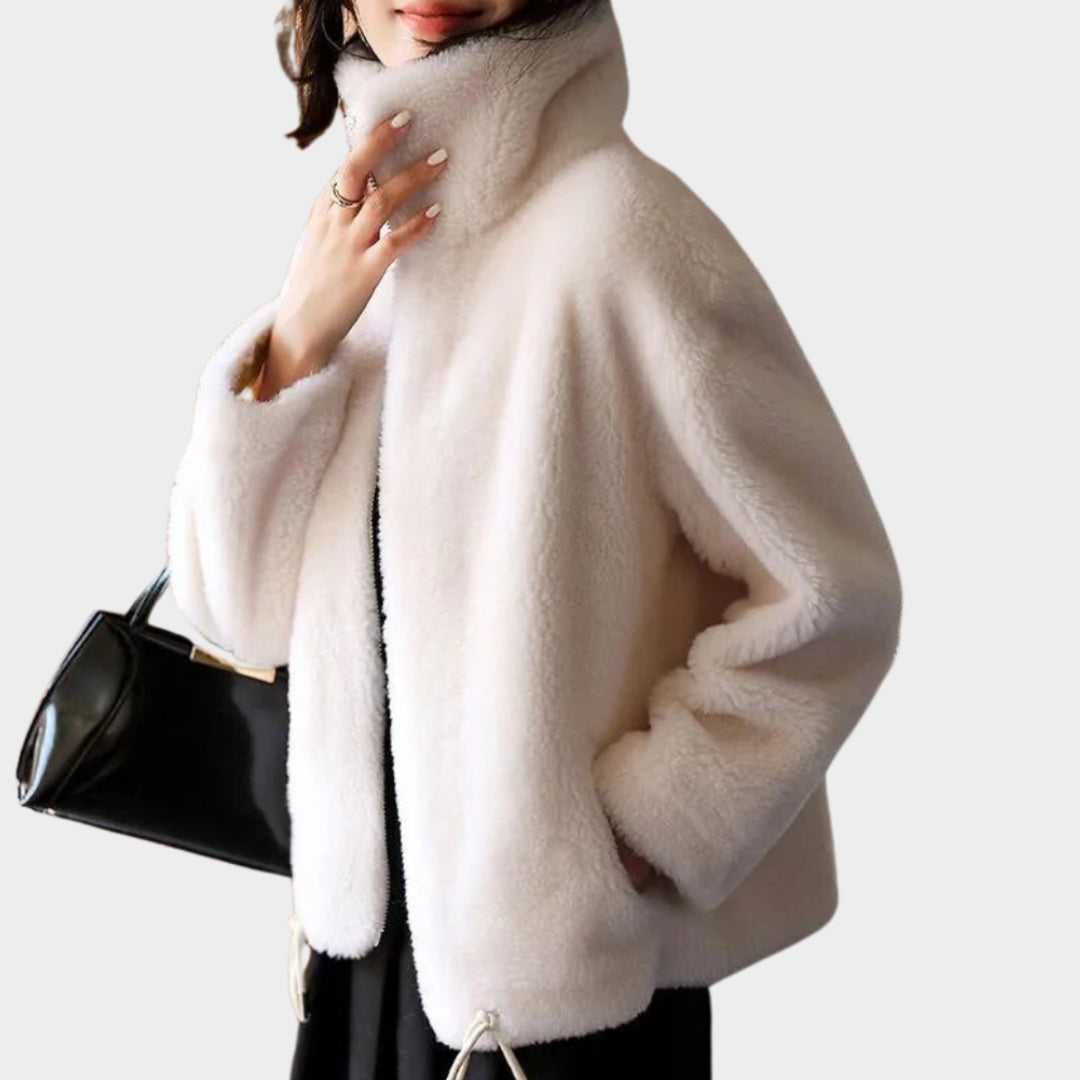 Women’s Plush Fleece Cardigan – Winter High Collar Zipper Sweater in Green, Brown, White