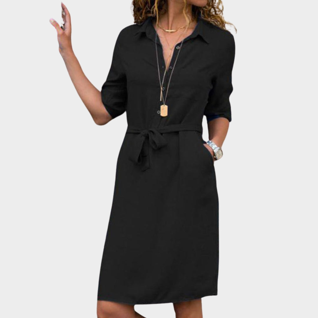 Women's Knee-Length Shirt Dress – Turn-Down Collar & Belted Waist – Multiple Colours