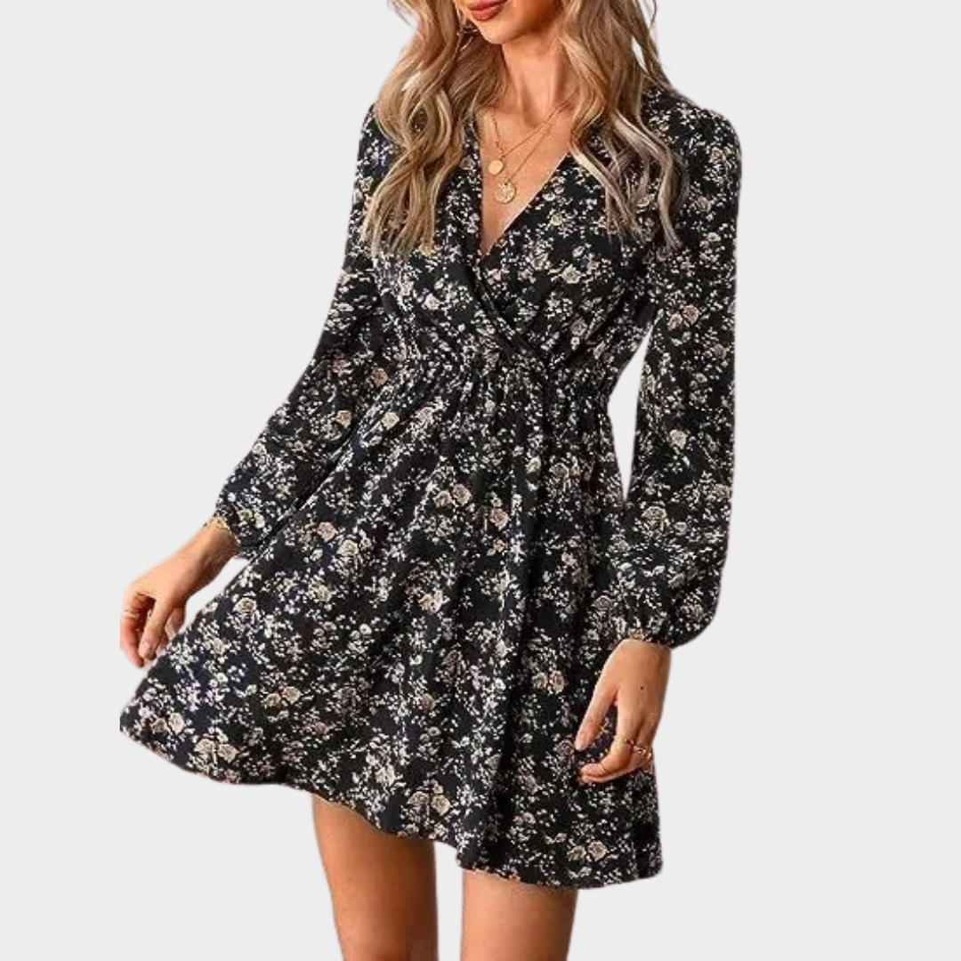 Women's V-Neck Mini Dress – Long Sleeve – Floral Print – Regular Waist – Lightweight Polyester – Multiple Colours