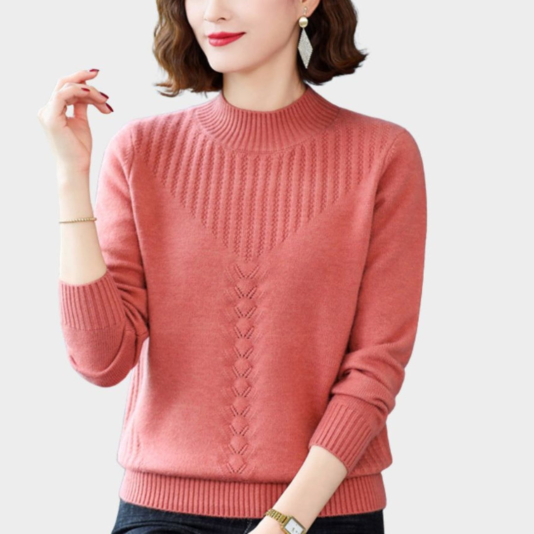 Women’s Half Turtleneck Sweater – Knitted Pullover, Twisted Flower Design, Warm Autumn/Winter Top