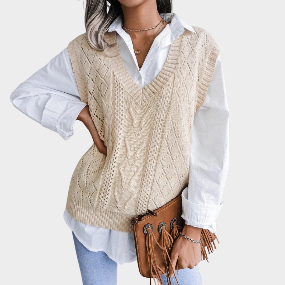 Women Knitted Vest – Relaxed Fit Cable Knit V-Neck Hip Length Layering Piece – Multiple Colours