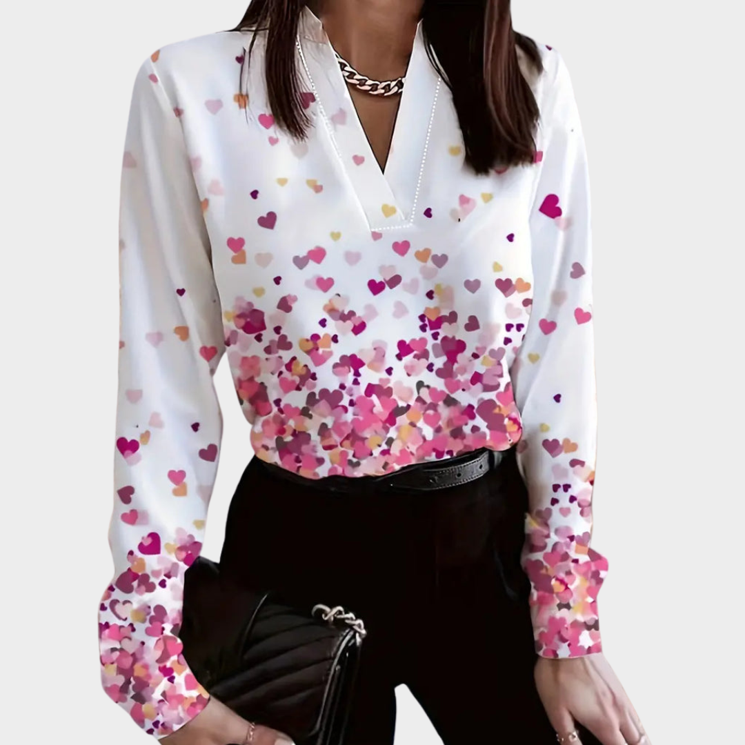 Women's V-Neck Long Sleeve Blouse – Elegant Heart Cutout Design – Soft Fabric – Multiple Colours