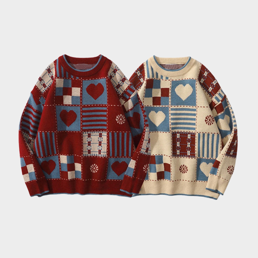Womens Vintage Sweater - Harajuku Retro Knitted Wool Oversized Streetwear, Red & Beige