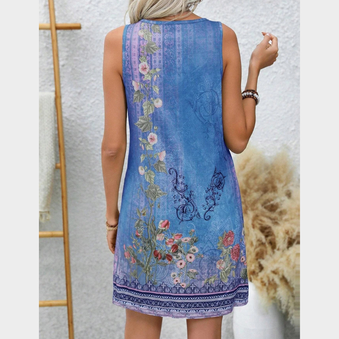 Women Sleeveless V-Neck Dress – Printed Short Straight Fit in Lightweight Fabric – Blue