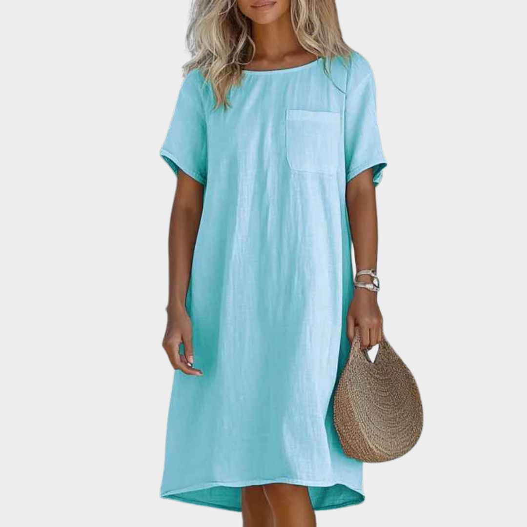 Women Short Sleeve Loose Dress – Linen Round Neck with Pocket Solid Straight Fit – Multiple Colours