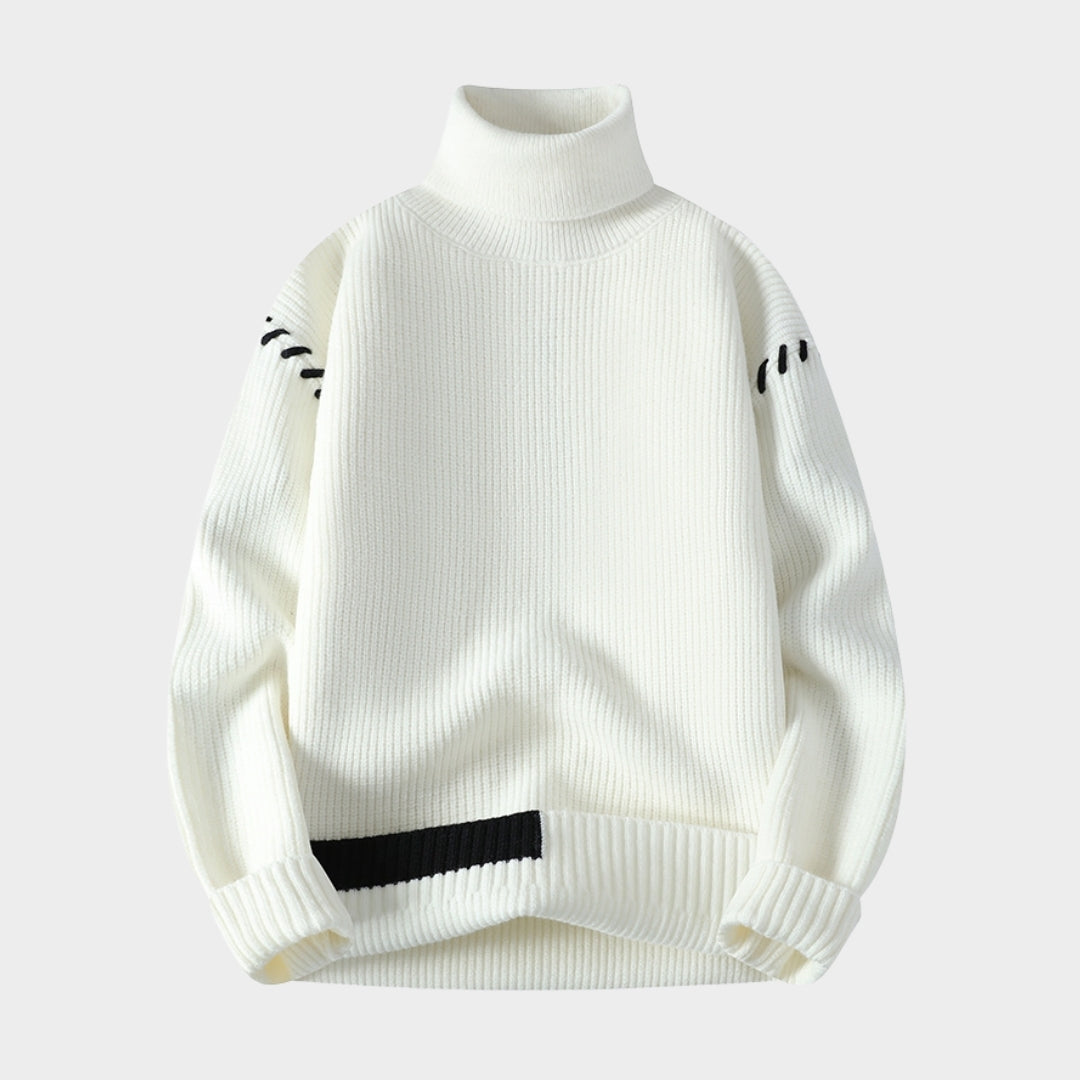 Men's Turtleneck Sweater - Loose Casual Knit Pullover with Patchwork Design (Black, Green, and More)