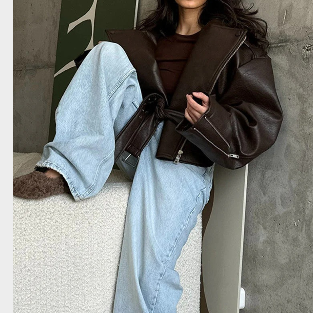 Women Motorcycle Jacket – PU Leather Short Coat – Lace Up Lapel Long Sleeve Outerwear – Casual Street Style – Brown