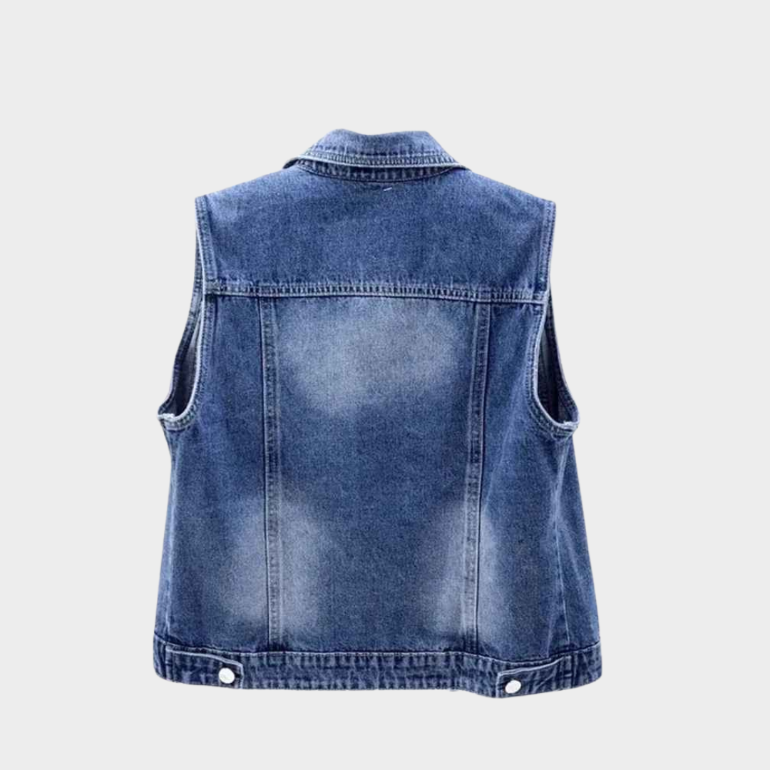 Women's Denim Vest - Ripped Sleeveless Waistcoat - Luxury Pearl Detail - Casual Fit - Blue