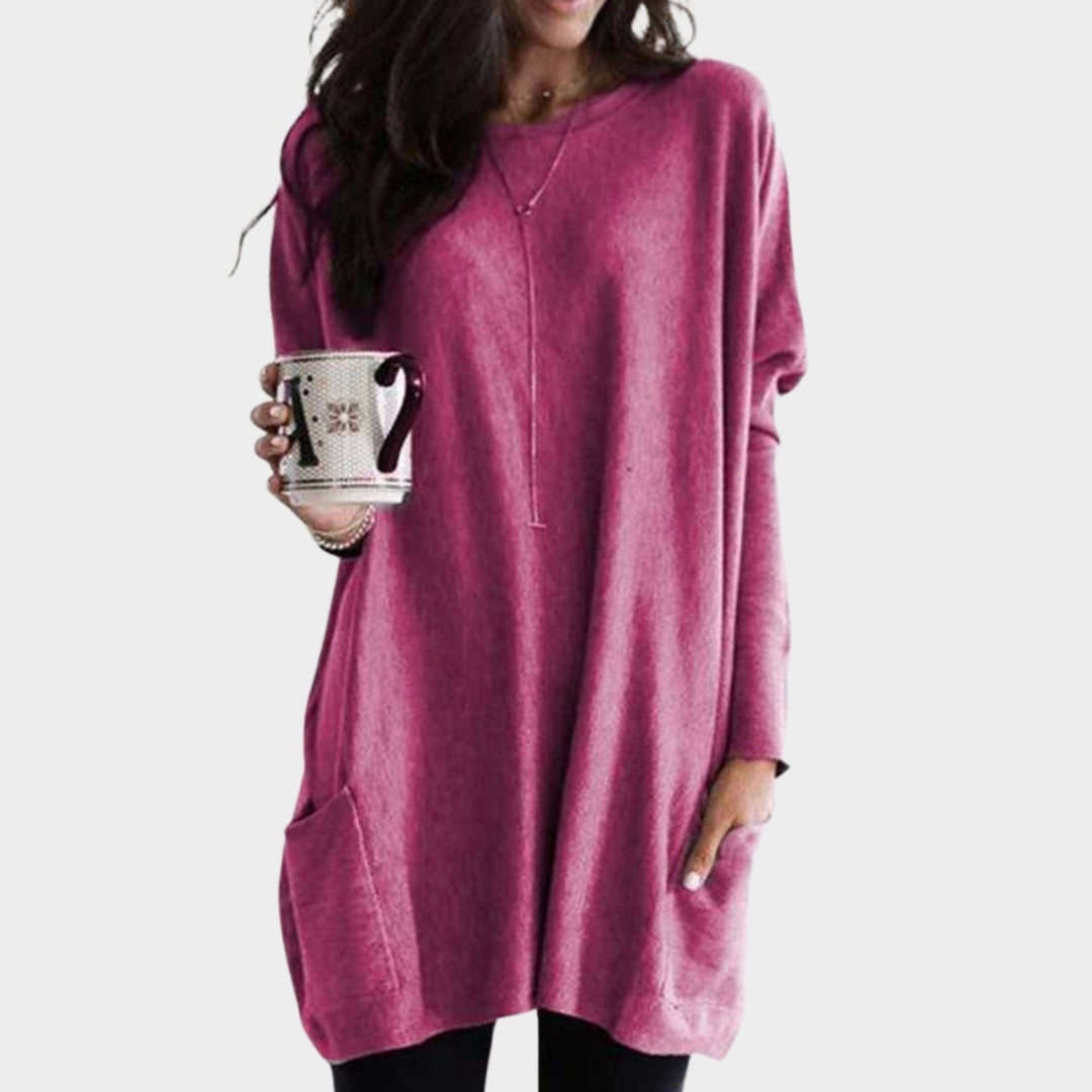 Women’s Long Sleeve Tunic Top - Casual Loose Sweater with Pockets, Plus Size Pullover, Grey, Black, Peacock Blue, and More