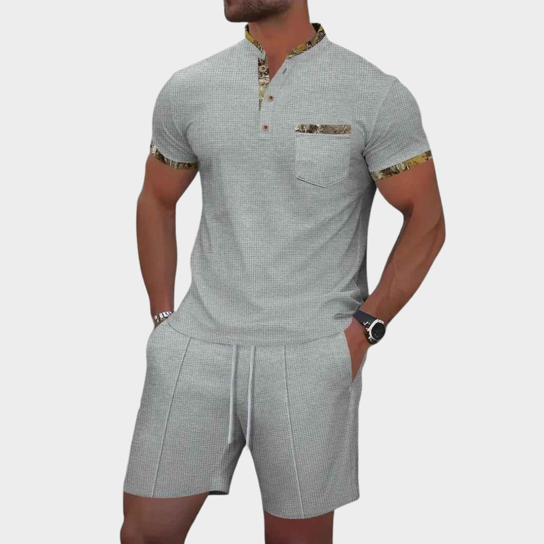Men's Co-Ord Set – Waffle Zip-Up Lapel Shirt and Shorts Two-Piece – Multiple Colours