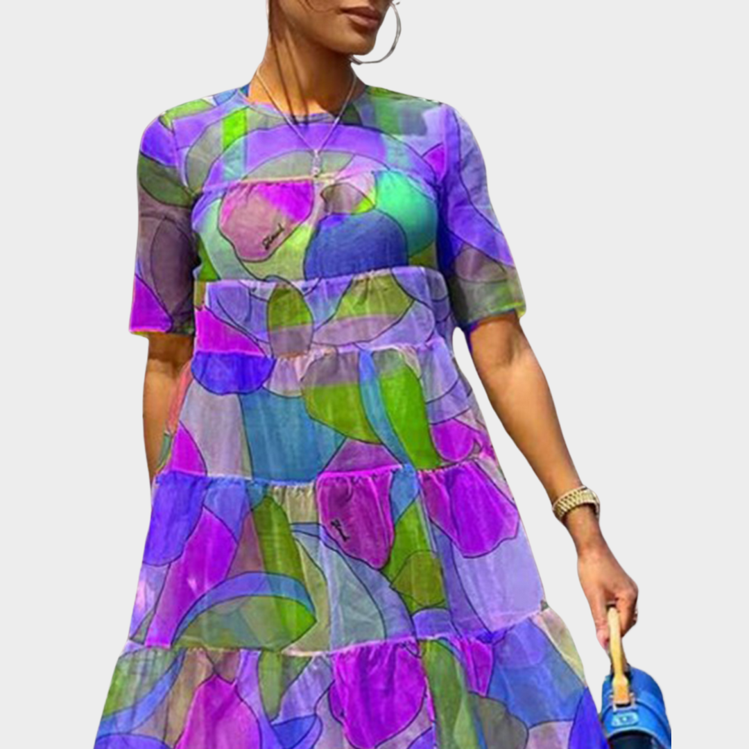 Women's Maxi Dress – Bohemian Chiffon Party Dress – High Waist Elegant Fit – Short Sleeve O-Neck – Purple