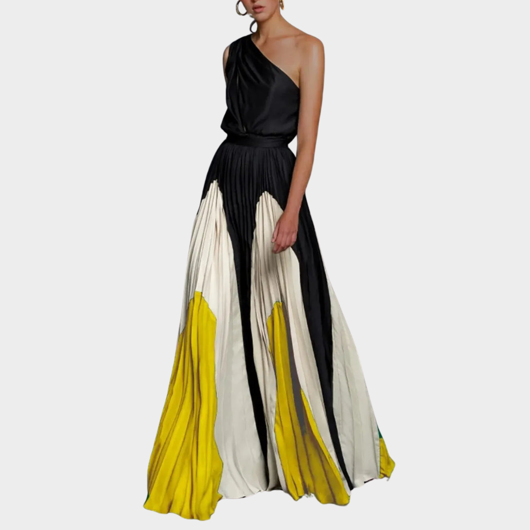 Women's One Shoulder Dress – Elegant Off-Shoulder – Printed Splicing – Loose Fit – Multiple Colours